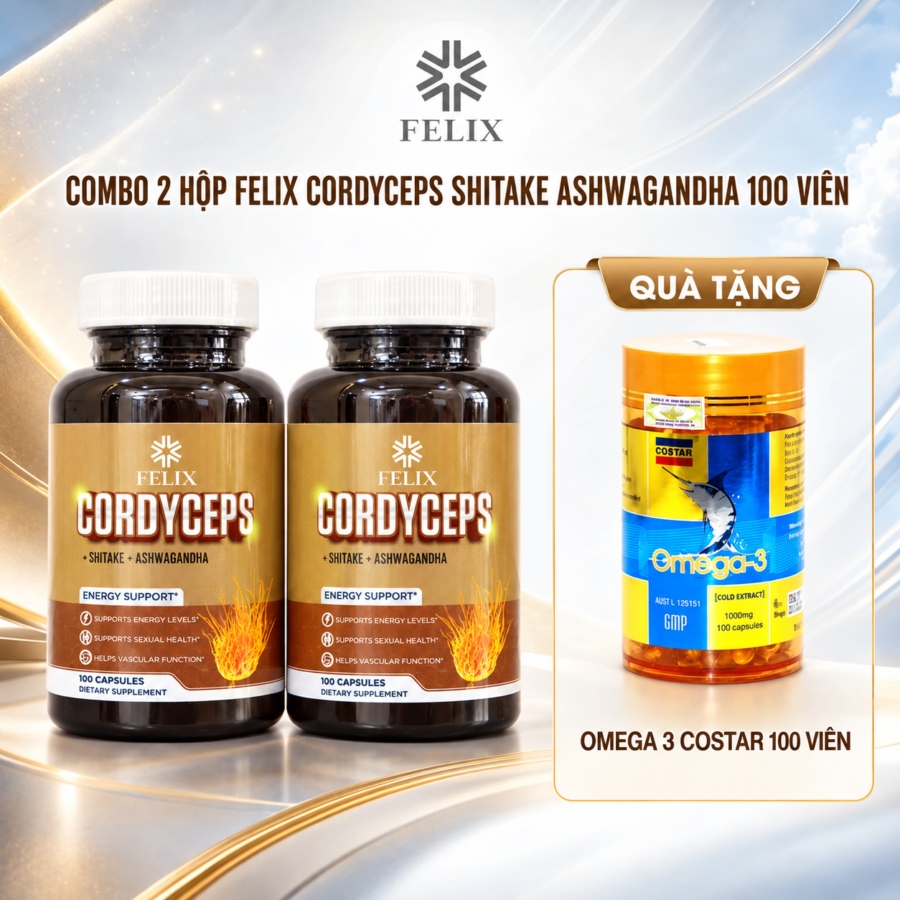 2 Hộp Cordyceps Shitake Ashwagandha 100 viên/hộp Tặng1 Hộp Omega 3 Costar 100 viên