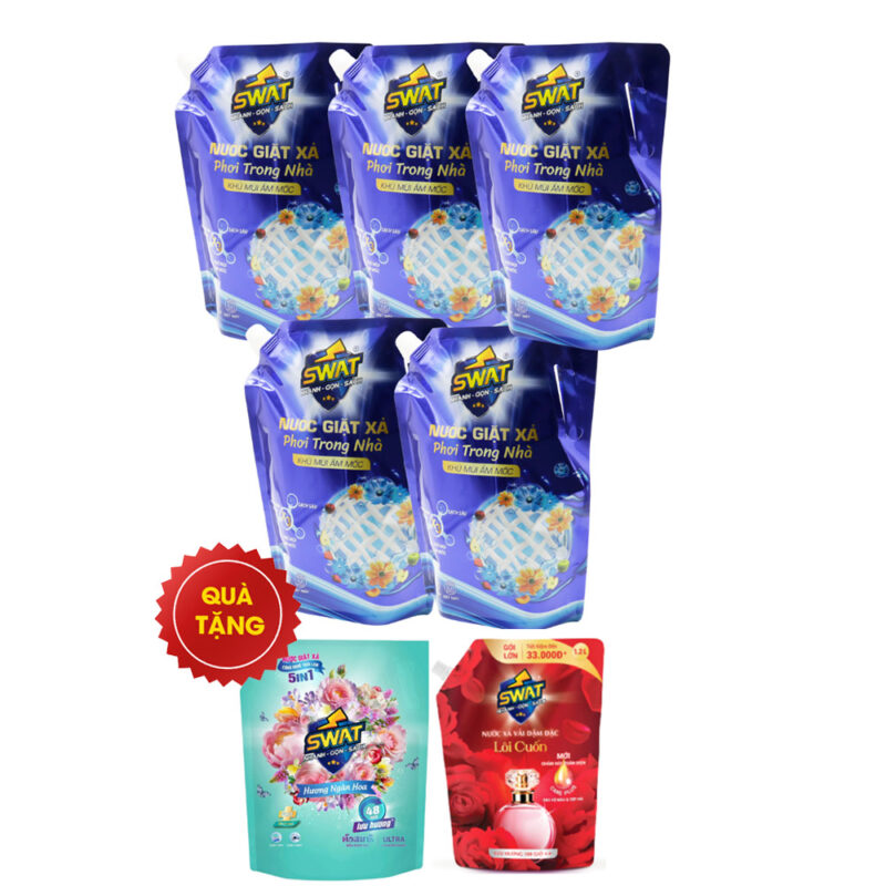 Combo 5 túi nước giặt phơi trong nhà 3,5kg + 1 túi nước xả vải 1,2l + 1 túi Nước giặt xả SWAT hương ngàn hoa 1.8kg