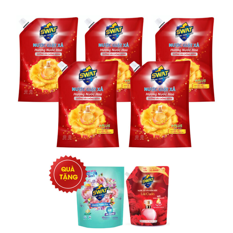 Combo 5 túi nước giặt dưỡng vải chống nhăn Swat 3,5kg/túi - Tặng 1 túi nước xả vải 1,2l + 1 túi nước giặt xả SWAT hương ngàn hoa 1.8kg