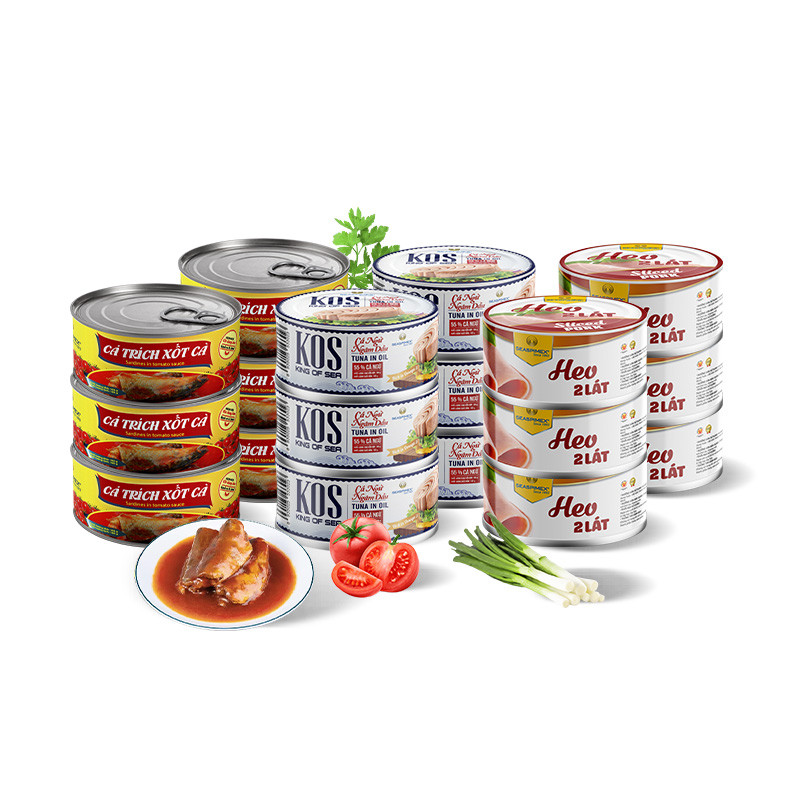 SEASPIMEX - Combo 6 lon cá trích sốt cà 185g/lon + 6 lon cá ngừ ngâm dầu 185g/lon + 6 lon heo hai lát 160g/lon