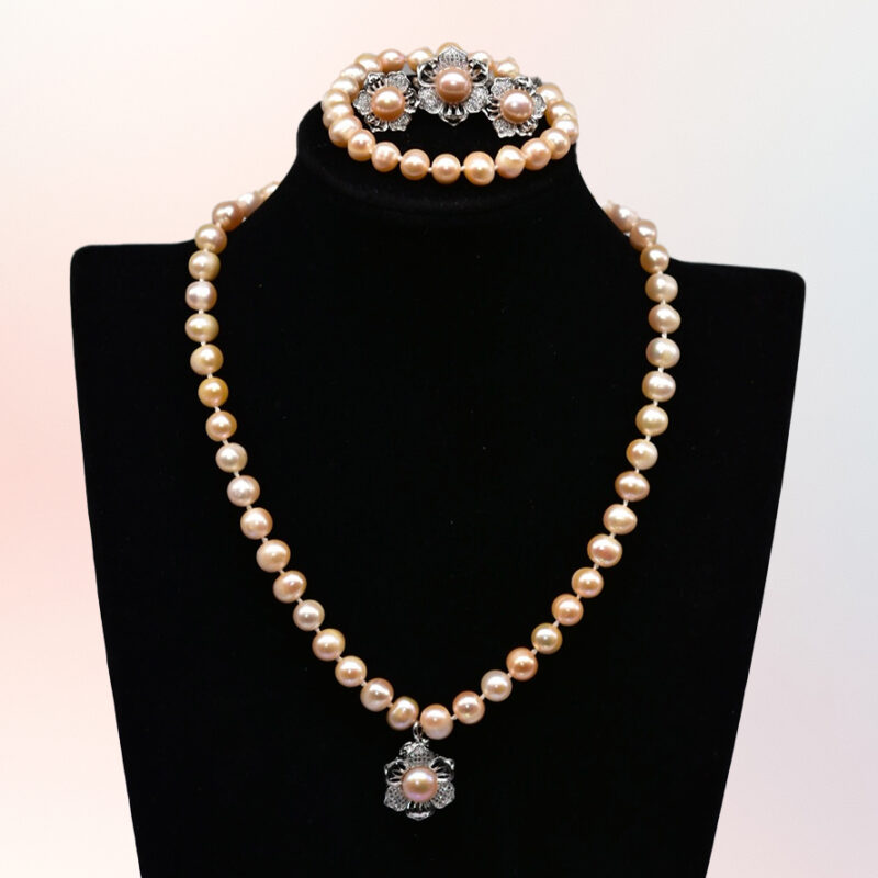 Bộ trang sức ngọc trai Hoa Mai hồng (vòng cổ, nhẫn, hoa tai, vòng tay) Tặng 1 hộp kem nhau thai cừu 100g (Sao chép)