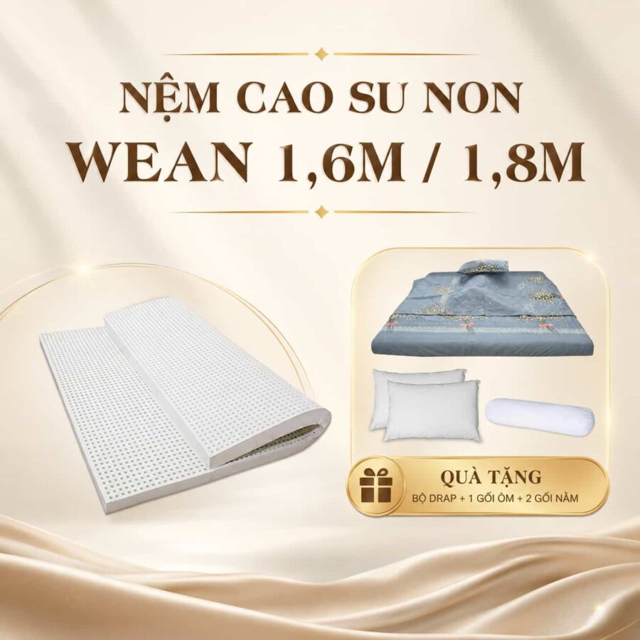 Wean – Nệm cao su non 15cm x 1m6 – Tặng 2 gối nằm gòn + 1 gối ôm gòn + 1 bộ drap poly (mẫu ngẫu nhiên)