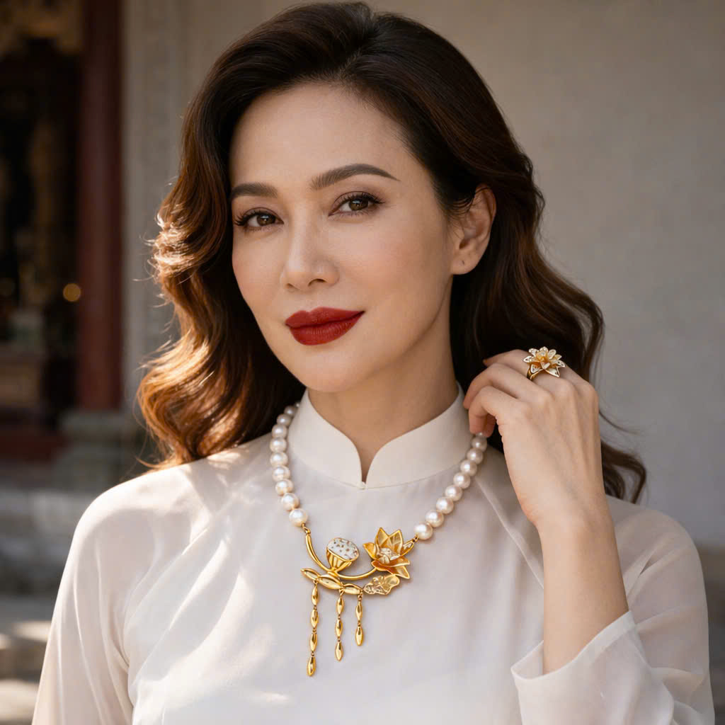 Bộ Dây Chuyền ngọc Trai Mặt Sen vàng Tinh Túy 7-8 Li - Ảnh 5