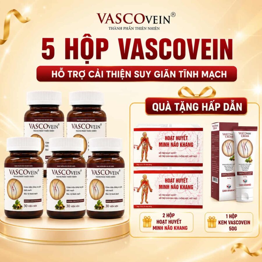 5 hộp Vascovein Tặng 1 hộp Kem Vascovein 50g + 2 hộp Hoạt Huyết Minh Não Khang
