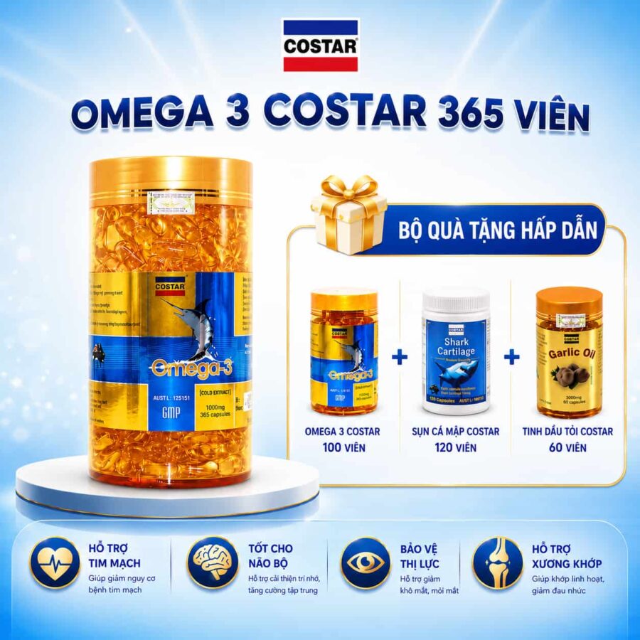 Omega 3 Costar 365 viên tặng 1 Omega 3 Costar 100 viên + 1 Sụn Cá Mập Costar 120v + 1 tinh dầu tỏi Garlic Oil Costar 60 viên