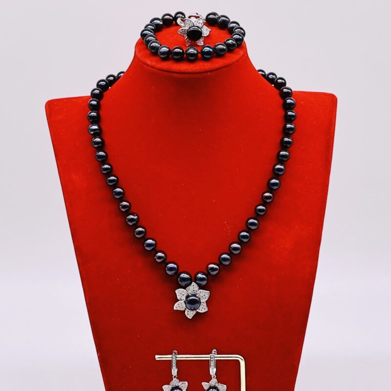 Bộ Trang Sức ngoc trai Nước Ngọt Xanh Tím 7-8 li Hoa  - Vòng Cổ Thanh Lịch, Vòng Tay, Nhẫn và Bông Tai Sang Trọng