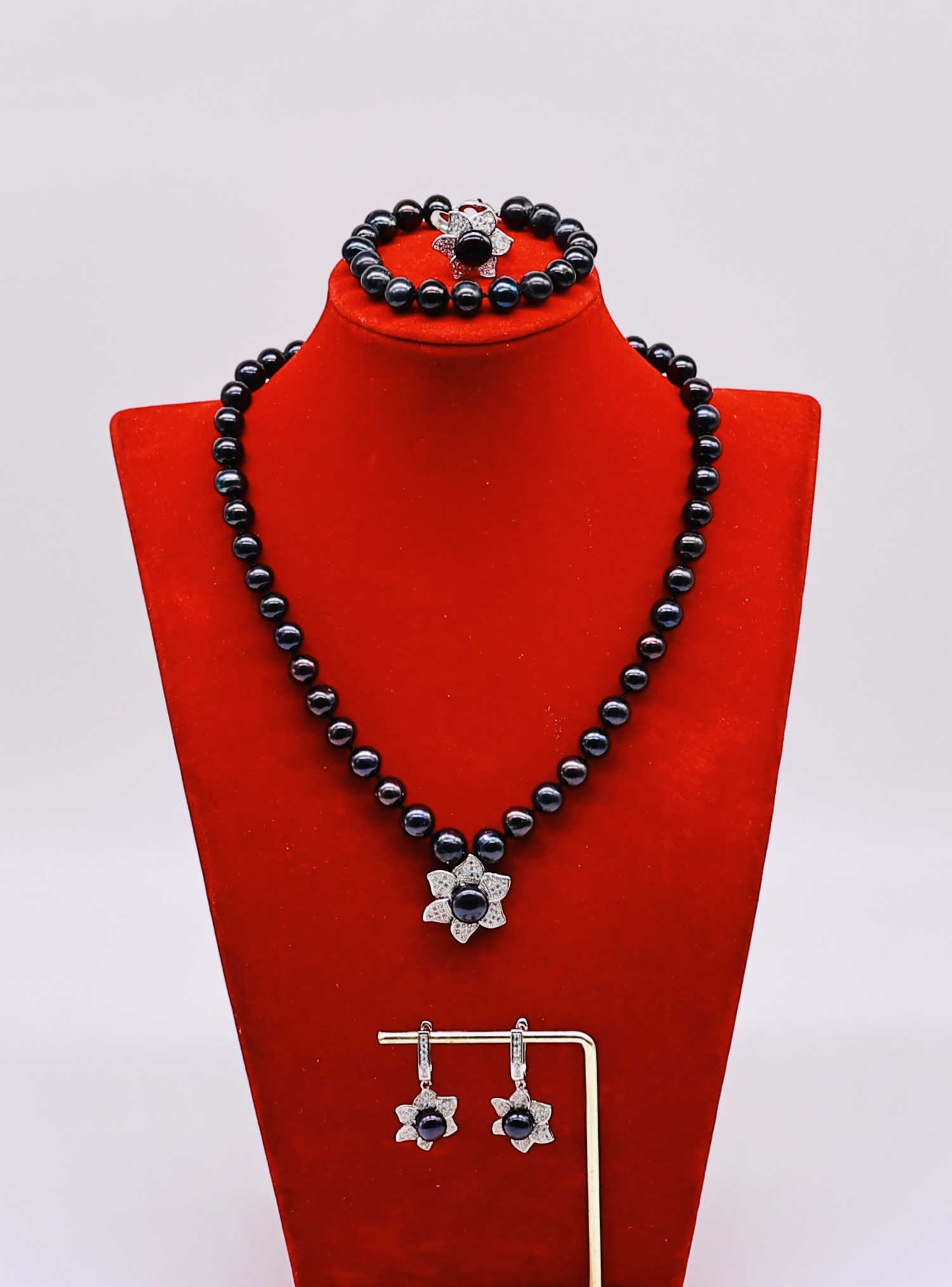 Bộ Trang Sức ngoc trai Nước Ngọt Xanh Tím 7-8 li Hoa - Vòng Cổ Thanh Lịch, Vòng Tay, Nhẫn và Bông Tai Sang Trọng