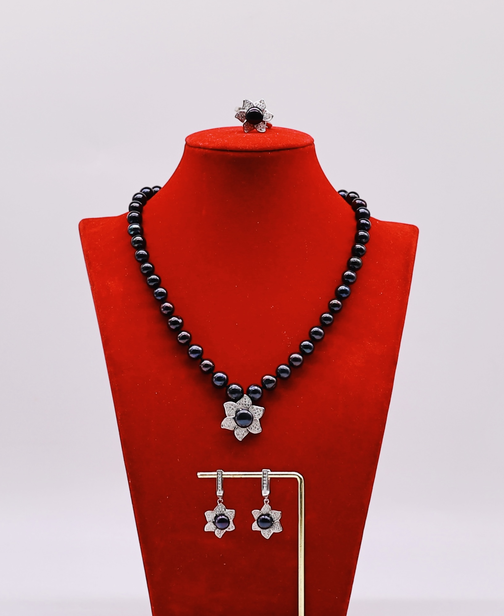 Bộ Trang Sức ngoc trai Nước Ngọt Xanh Tím 7-8 li Hoa - Vòng Cổ Thanh Lịch, Vòng Tay, Nhẫn và Bông Tai Sang Trọng - Ảnh 2