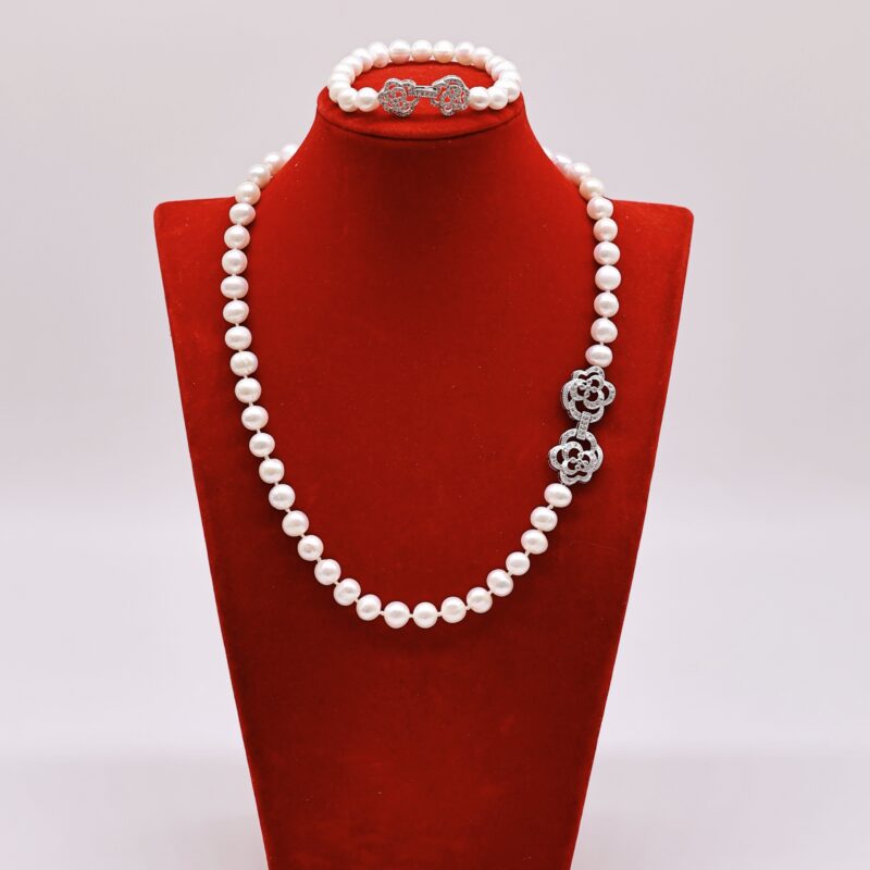 Bộ Trang Sức ngoc trai Xanh Trắng 7-8 li Khóa Hoa Hồng - Vòng Cổ, Vòng Tay Thanh Lịch