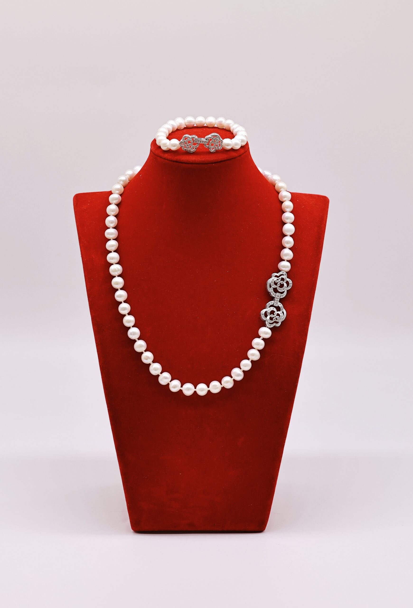 Bộ Trang Sức ngoc trai Xanh Trắng 7-8 li Khóa Hoa Hồng - Vòng Cổ, Vòng Tay Thanh Lịch