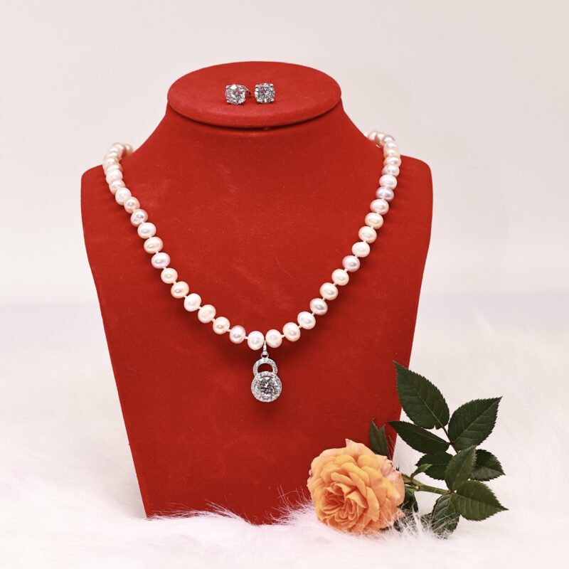 Bộ Trang Sức ngoc trai Nước Ngọt  7-8 li Đính Đá - Vòng Cổ và Bông Tai Sang Trọng