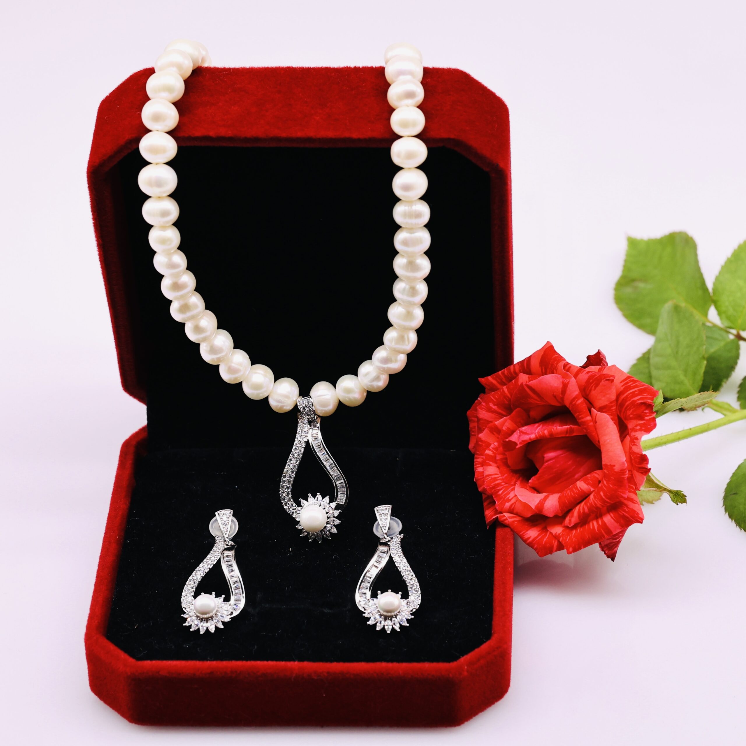 Bộ Trang Sức ngoc trai Nước Ngọt Trắng 7-8 li Hình Thoi Dài - Vòng Cổ và Bông Tai Cao Cấp - Ảnh 5