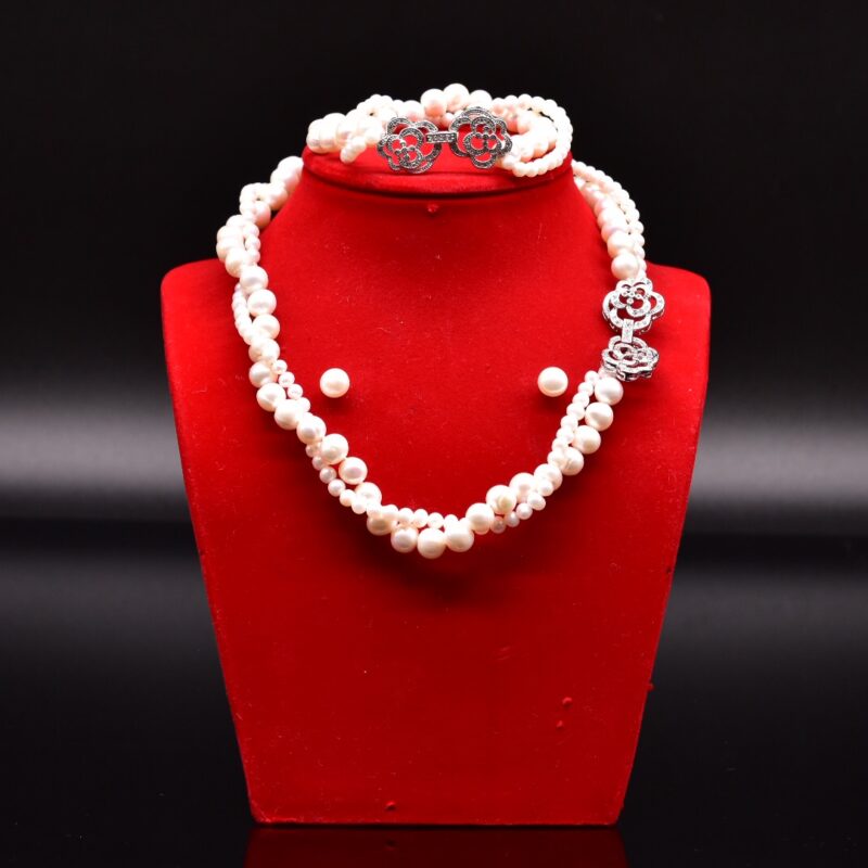 Bộ Trang Sức ngoc trai Nước Ngọt 7-8 li Hai Tầng Đan Xen Khóa Hoa Hồng - Vòng Cổ, Vòng Tay và Bông Tai