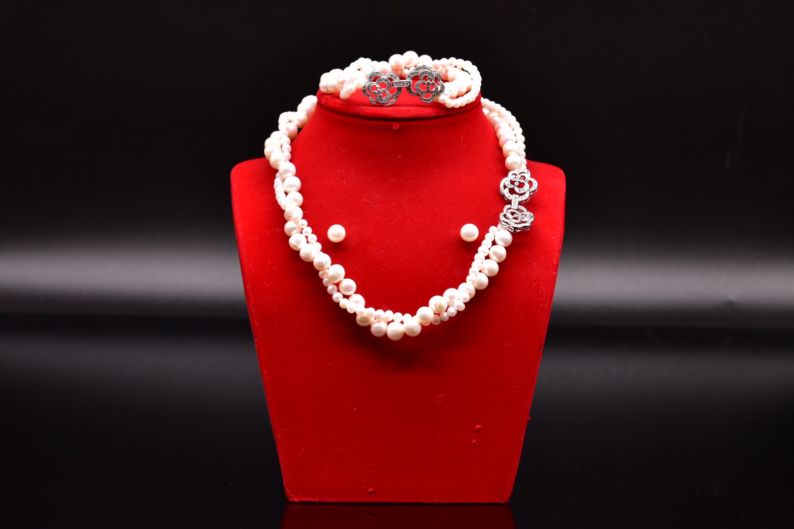 Bộ Trang Sức ngoc trai Nước Ngọt 7-8 li Hai Tầng Đan Xen Khóa Hoa Hồng - Vòng Cổ, Vòng Tay và Bông Tai