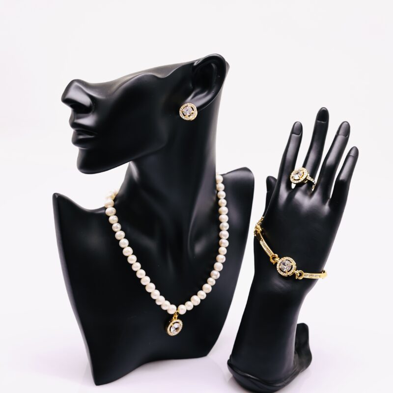 Bộ Trang Sức Trắng Đính Đá - Vòng Cổ, Vòng Tay, Nhẫn, Bông Tai