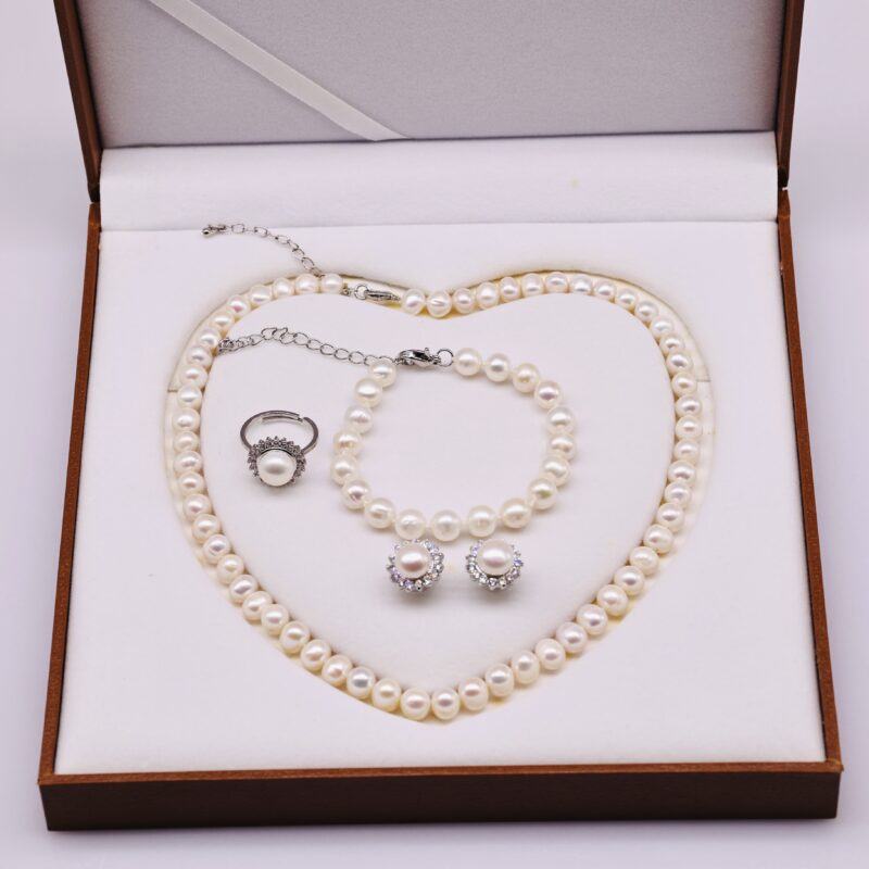 Bộ Trang Sức Vòng Cổ Trơn Trắng và ngoc trai Nước Ngọt 7-8 li - Nhẫn, Bông Tai Tia Tròn và Vòng Tay