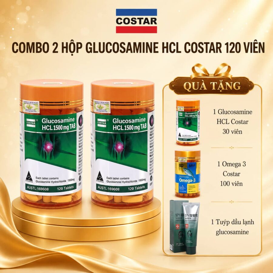 COMBO 2 hộp Costar Glucosamine HCL 120 viên/hộp + 1 hộp Omega 3 Costar 100 viên + 1 hộp Costar Glucosamine 30 viên + 1 tuýp dầu lạnh glucosamine 150ml