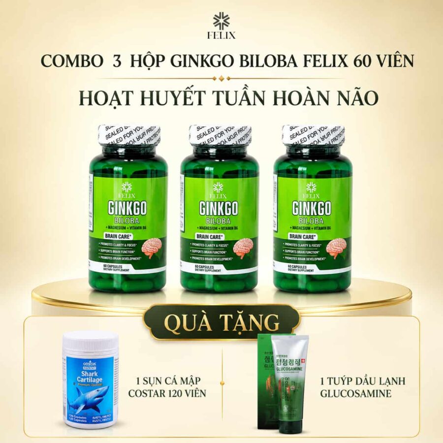 COMBO 3 hộp Ginkgo Biloba Felix 60 viên/hộp+1 hộp Sụn Cá Mập Costar 120 viên+1 tuýp dầu lạnh glucosamine 150ml