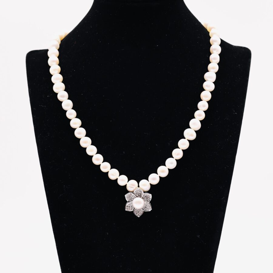 Bộ Trang Sức ngoc trai Trắng 7-8 li Charm 6 Cánh Hoa - Vòng Cổ, Nhẫn, Bông Tai Cao Cấp