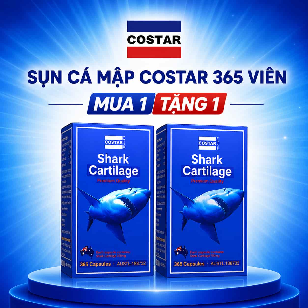 Combo 2 hộp Sụn Cá Mập Costar Shark Cartilage 750mg 365 viên/hộp