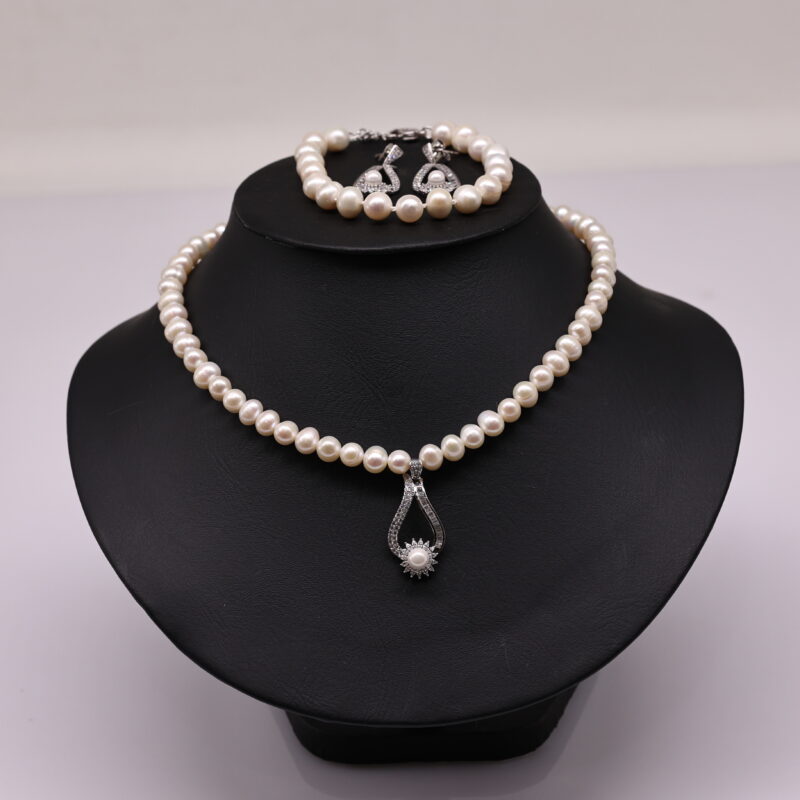 Bộ Trang Sức ngoc trai Nước Ngọt Trắng 7-8 li Hình Thoi Dài - Vòng Cổ và Bông Tai Cao Cấp