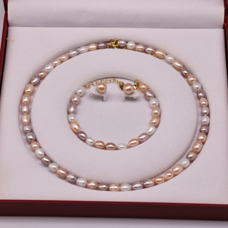 Bộ Trang Sức ngọc trai Bầu Dục Ngũ Sắc và ngoc trai Hồng - Vòng Cổ, Vòng Tay, Bông Tai