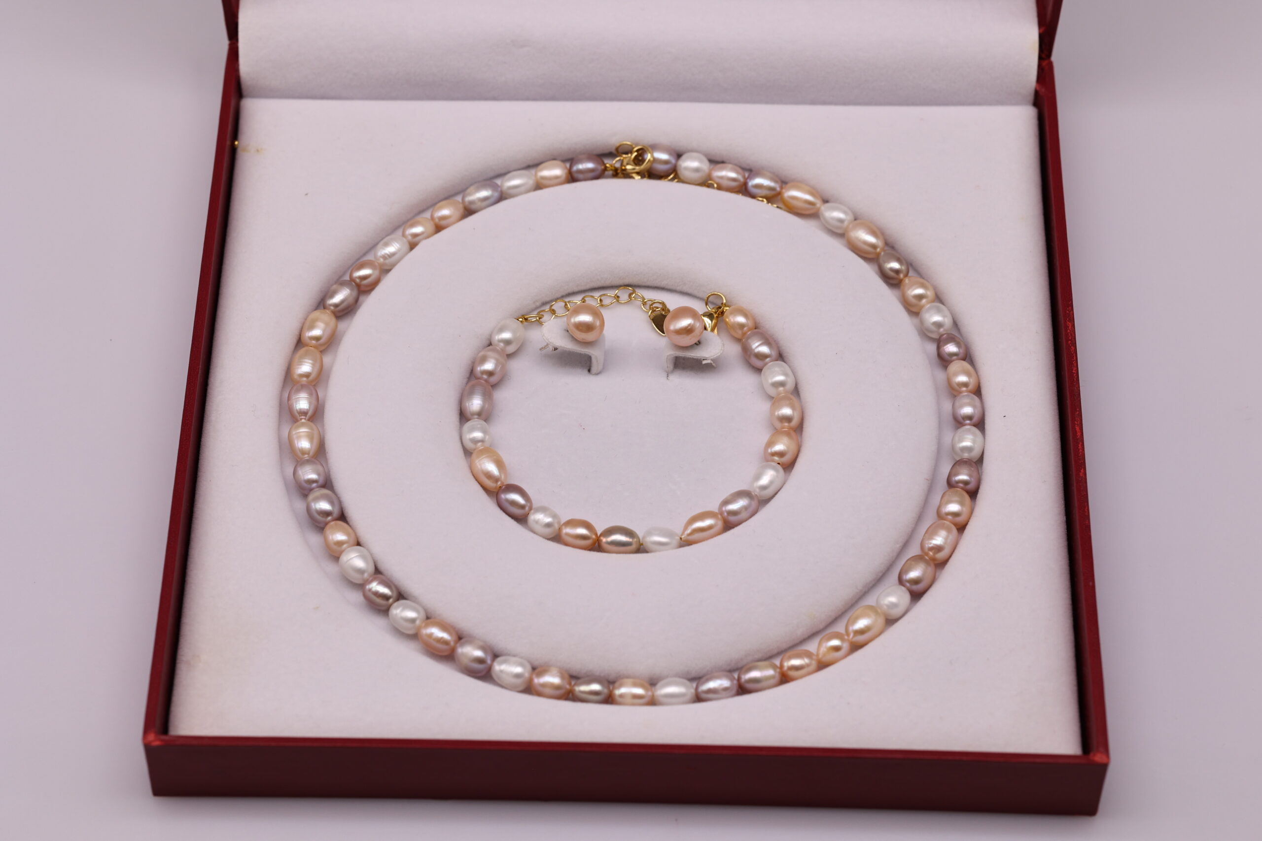 Bộ Trang Sức ngọc trai Bầu Dục Ngũ Sắc và ngoc trai Hồng - Vòng Cổ, Vòng Tay, Bông Tai