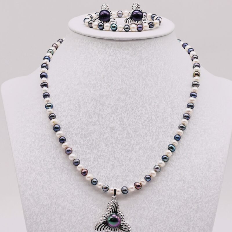 Bộ Trang Sức ngọc trai Nước Ngọt Đủ Sắc - Vòng Cổ, Vòng Tay, Bông Tai Tam Giác Xoắn