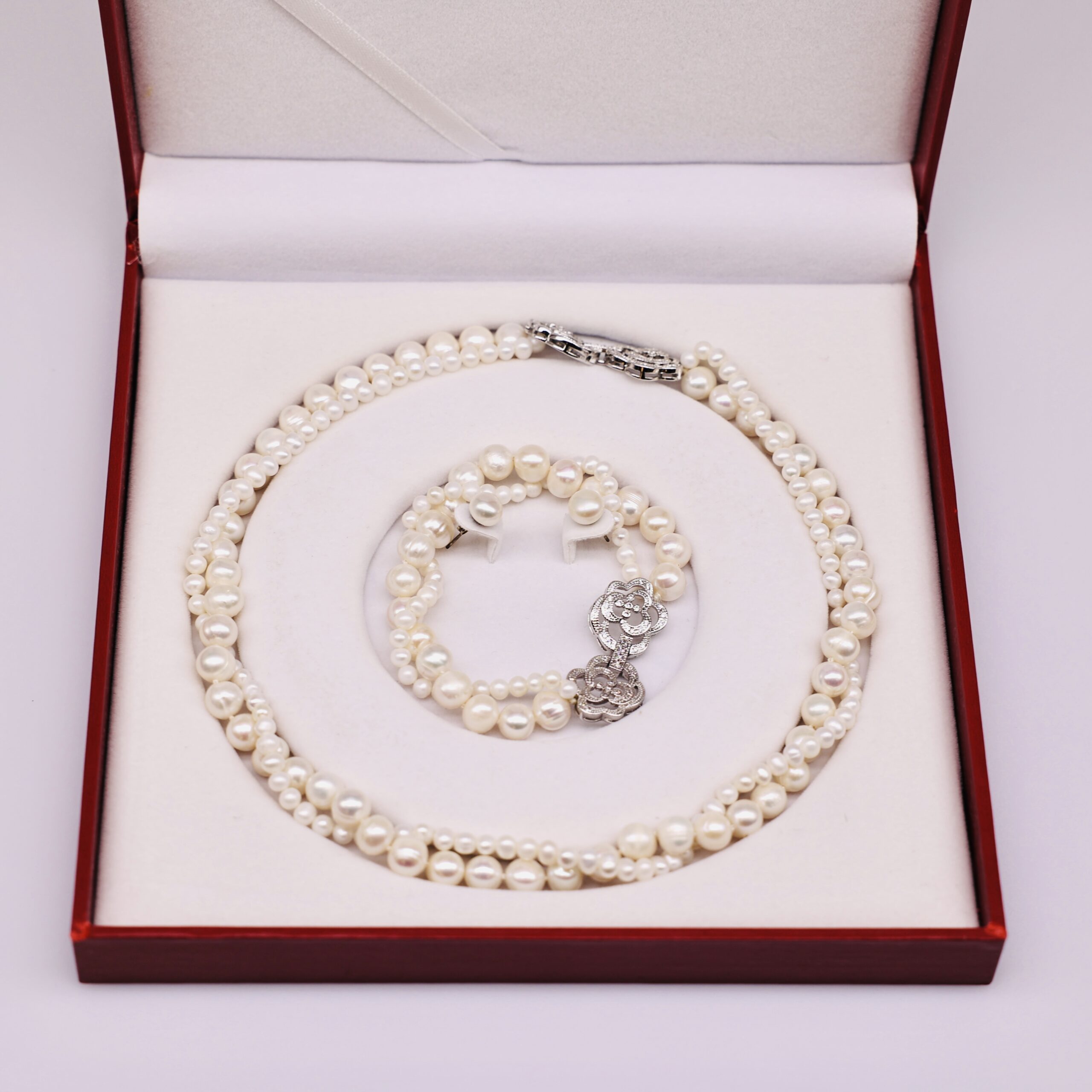 Bộ Trang Sức ngoc trai Nước Ngọt 7-8 li Hai Tầng Đan Xen Khóa Hoa Hồng - Vòng Cổ, Vòng Tay và Bông Tai - Ảnh 4
