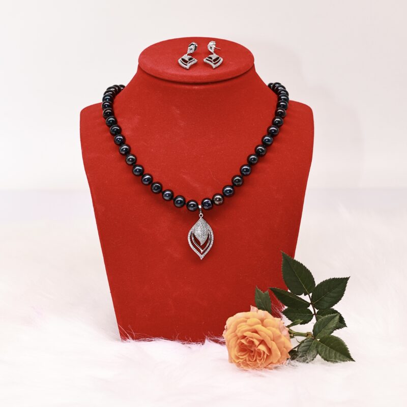 Bộ Trang Sức ngoc trai Nước Ngọt Xanh tím 7-8 li và Bông Tai 2 Lớp Viền Lá