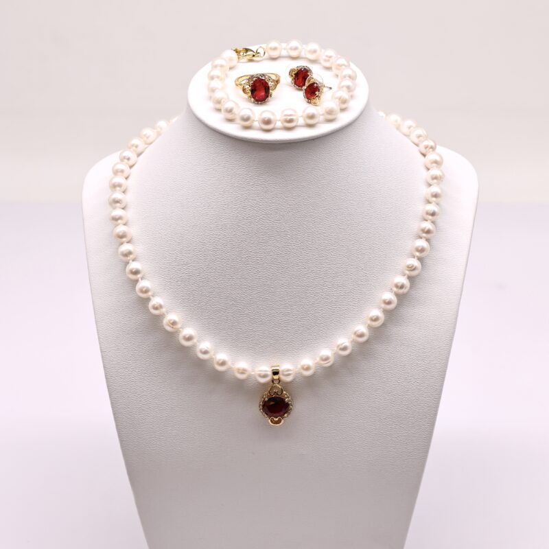 Bộ Trang Sức ngoc trai Nước Ngọt và Hoa Nhụy Hồng Ngọc Cánh  Lấp Lánh 7-8 li - Vòng Cổ, Vòng Tay, Bông Tai và Nhẫn