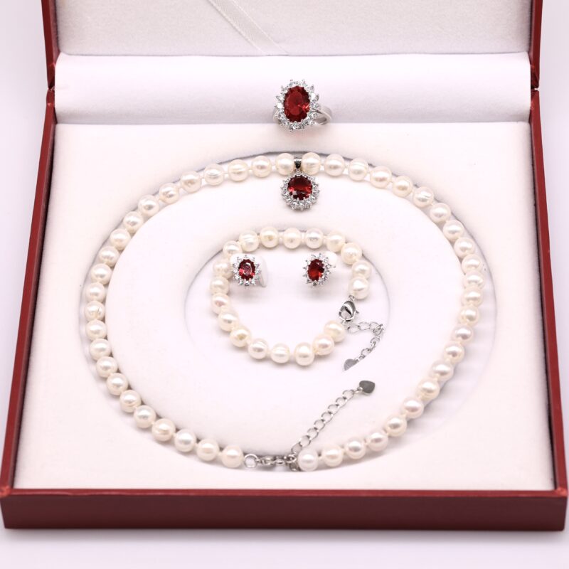 Bộ Trang Sức ngọc trai Nước Ngọt và Hoa Nhụy Hồng Ngọc Cánh  Lấp Lánh 7-8 li - Vòng Cổ, Vòng Tay, Bông Tai và Nhẫn