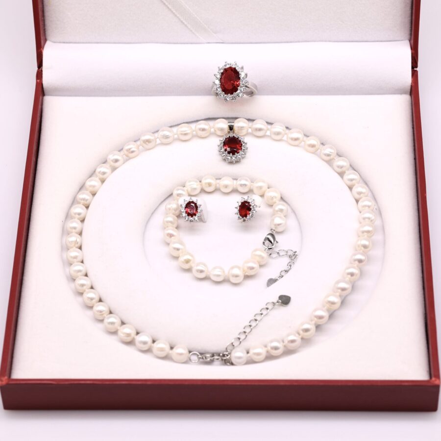 Bộ Trang Sức ngọc trai Nước Ngọt và Hoa Nhụy Hồng Ngọc Cánh  Lấp Lánh 7-8 li - Vòng Cổ, Vòng Tay, Bông Tai và Nhẫn