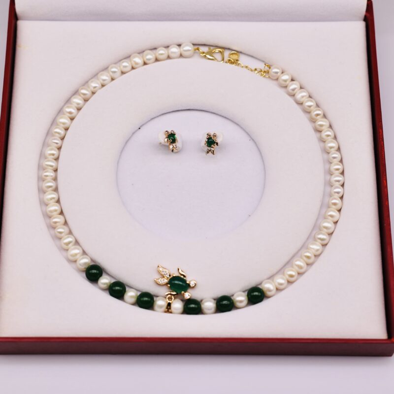 Bộ Trang Sức ngoc trai Nước Ngọt 7-8 li và Mặt Xanh Đuôi  - Vòng Cổ và Bông Tai