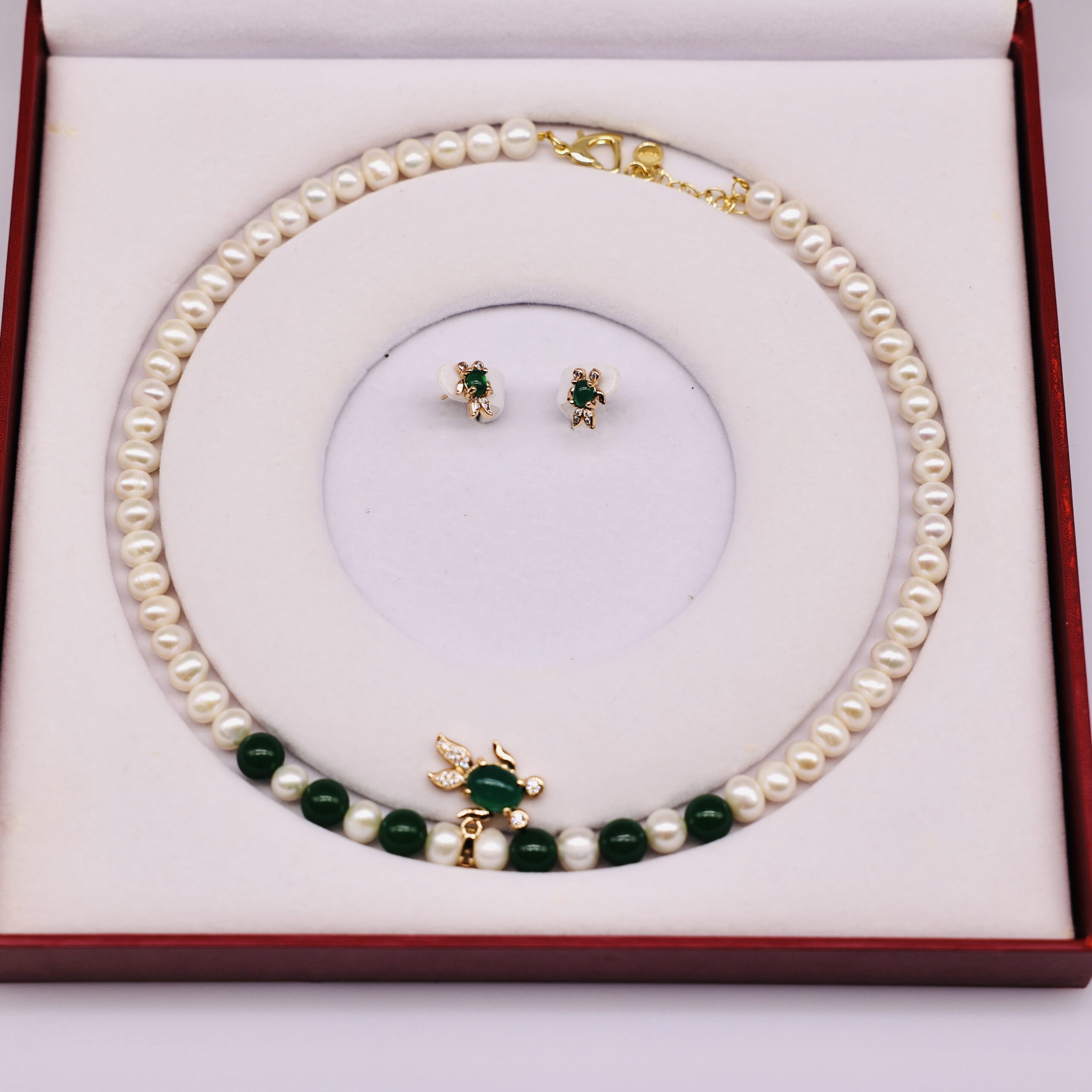 Bộ Trang Sức ngoc trai Nước Ngọt 7-8 li và Mặt Xanh Đuôi - Vòng Cổ và Bông Tai