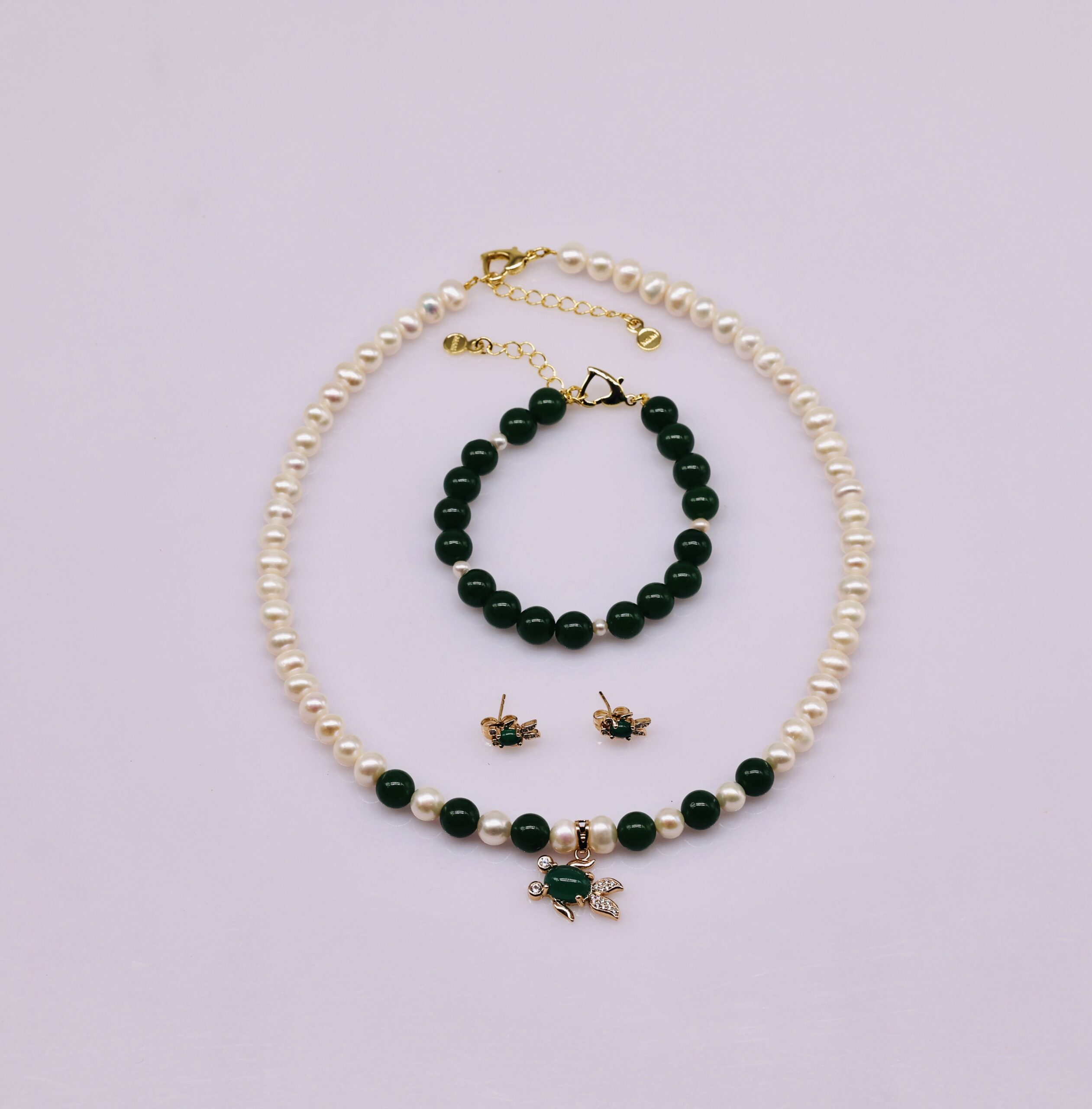 Bộ Trang Sức ngoc trai Nước Ngọt 7-8 li và Mặt Xanh Đuôi - Vòng Cổ và Bông Tai - Ảnh 2