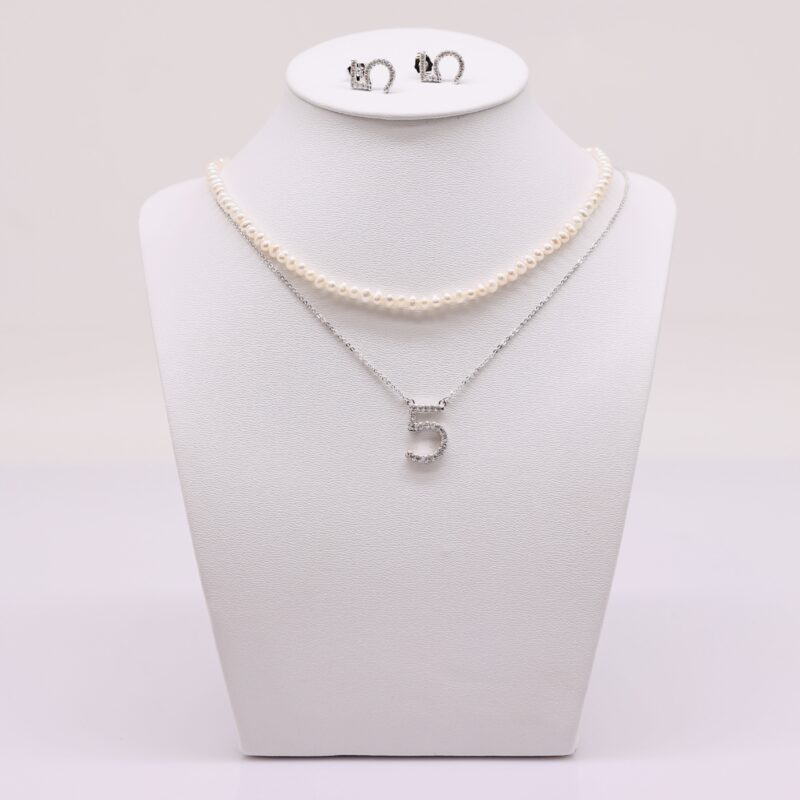 Bộ Trang Sức ngoc trai Nước Ngọt và Mặt Số 5 - Vòng Cổ và Bông Tai 7-8 li