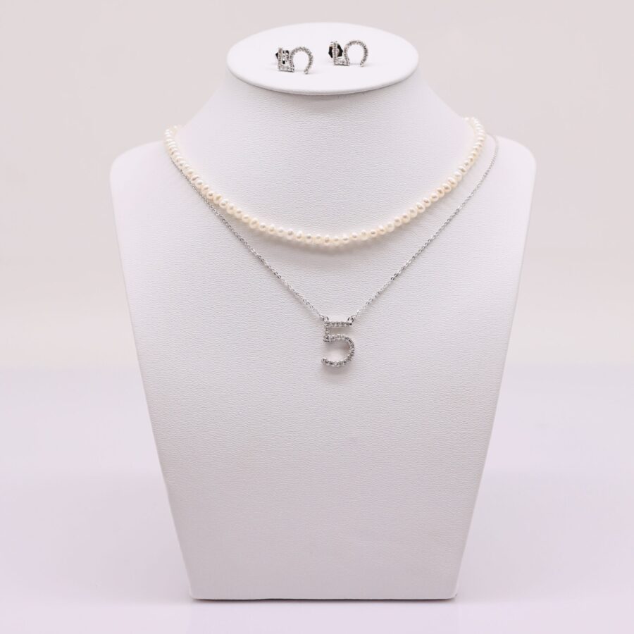 Bộ Trang Sức ngoc trai Nước Ngọt và Mặt Số 5 - Vòng Cổ và Bông Tai 7-8 li