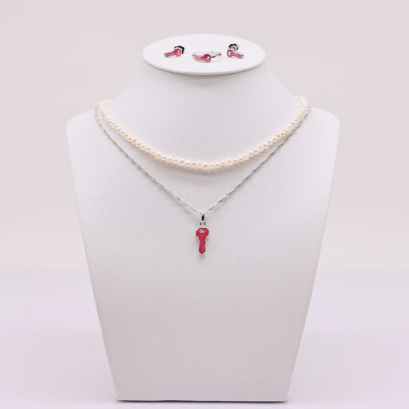 Bộ Trang Sức ngoc trai Nước Ngọt và Mặt Chìa Khóa Màu Hồng - Vòng Cổ, Bông Tai và Nhẫn 7-8 li