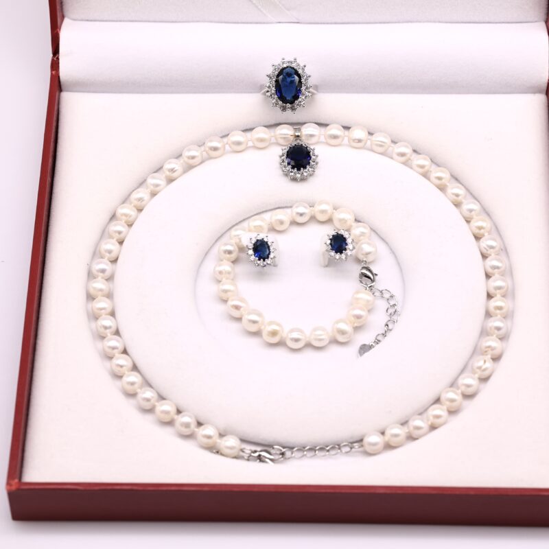 Bộ Trang Sức ngoc trai Nước Ngọt và Đính Đá Mặt Xanh Tím - Vòng Cổ, Vòng Tay, Nhẫn và Bông Tai