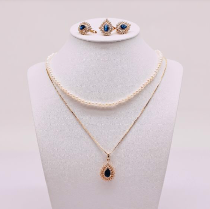 Bộ Trang Sức ngoc trai Nước Ngọt và Hình Thoi Đính Đá Xanh Dương 7-8 li - Vòng Cổ, Bông Tai và Nhẫn