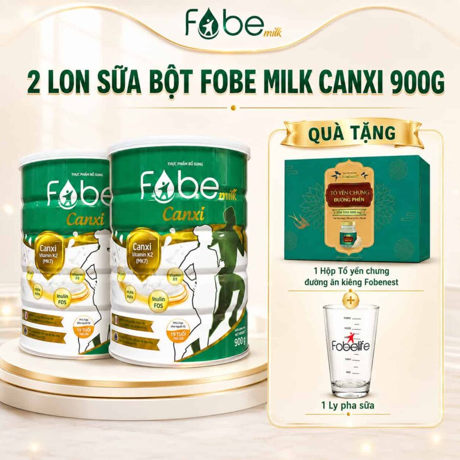 2 lon sữa bột Fobe Milk Canxi 900g Tặng 1 hộp Tổ yến chưng đường phèn Fobenest + 01 ly pha sữa.