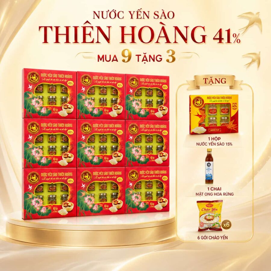 9 hộp yến sào Thiên Hoàng 41%+ 1 hộp yến 15% hương Vani+ 6 gói cháo yến + 1 chai mật ong hoa rừng 730g