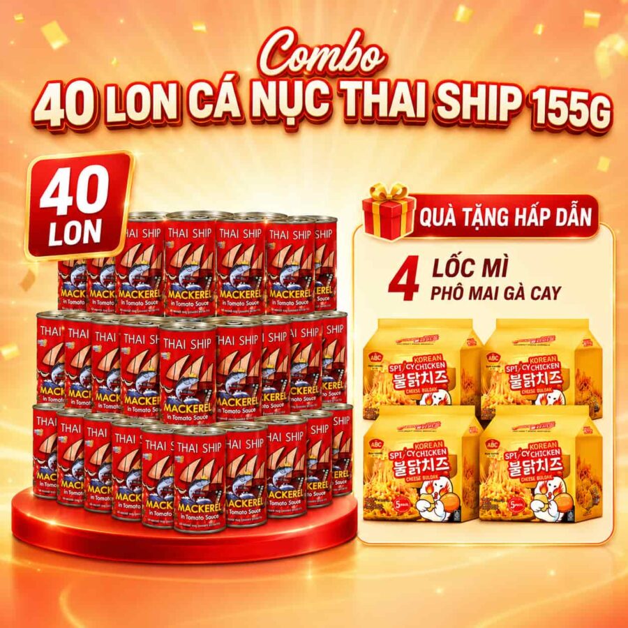 Combo 40 lon cá nục sốt cà Thai Ship 155g tặng 20 gói Mì Phô mai gà cay Hàn Quốc 80g/gói
