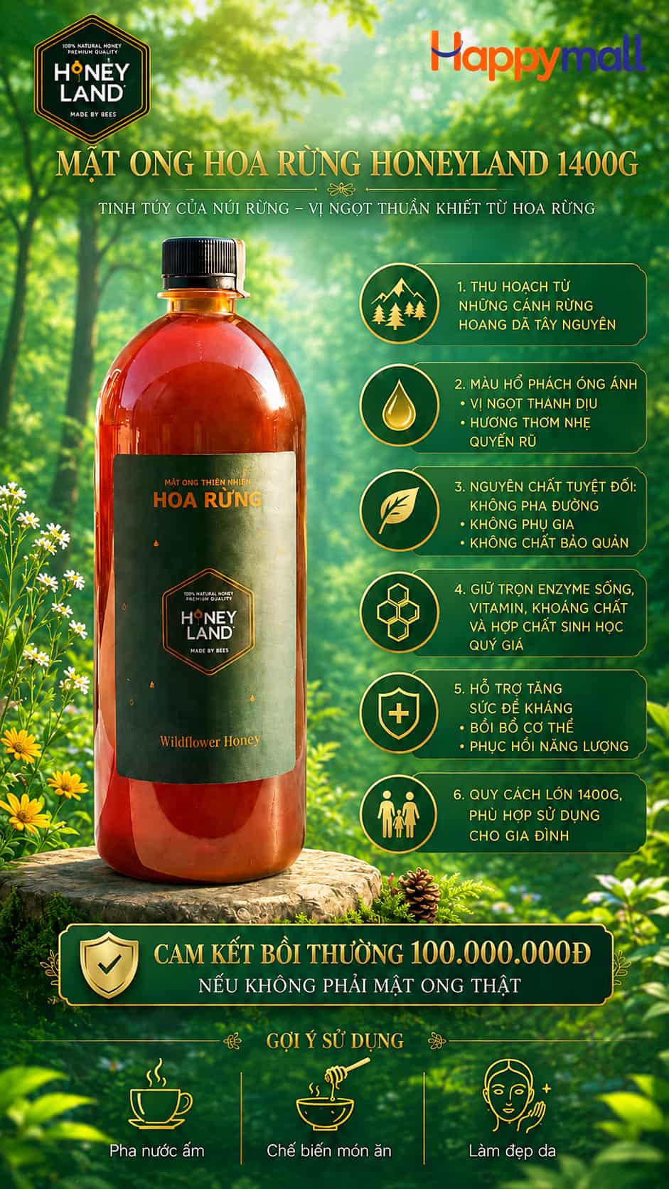 2 chai mat ong hoa rung honeyland 1400g