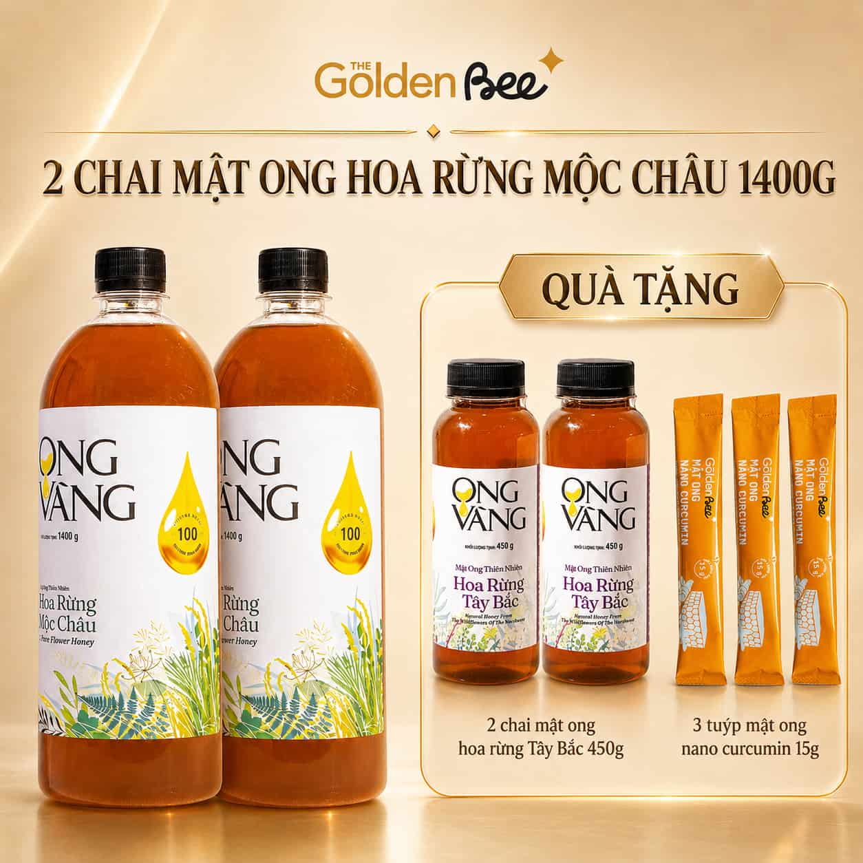 Combo 2 chai mật ong hoa rừng Mộc Châu 1400g Ong Vàng Tặng 2 chai mật ong hoa rừng Tây Bắc 450g + 3 túyp mật ong nano curcumin 15g