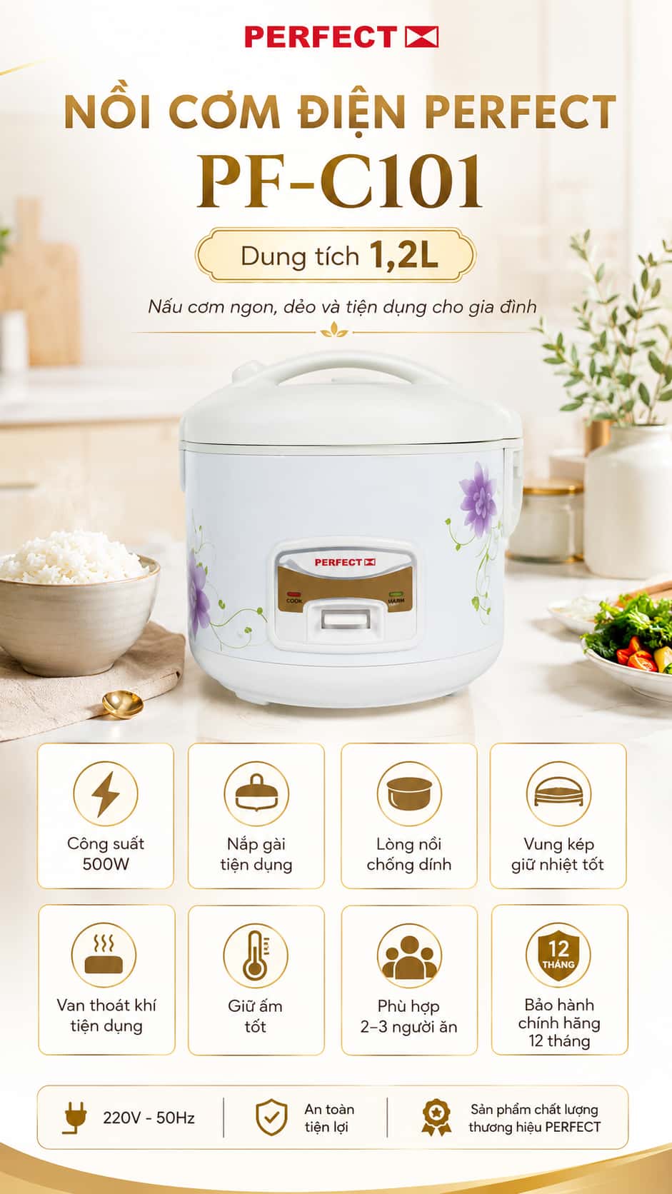 Nồi cơm điện perfect 1.2L Pf c101