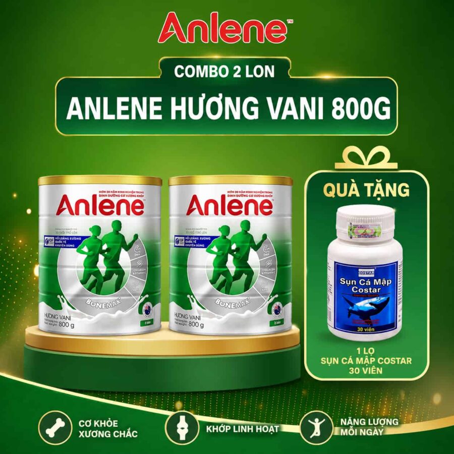 2 Lon Sữa Bột Anlene Hương Vani 800g Tặng 1 Hộp Sụn Cá Mập Costar 30 viên