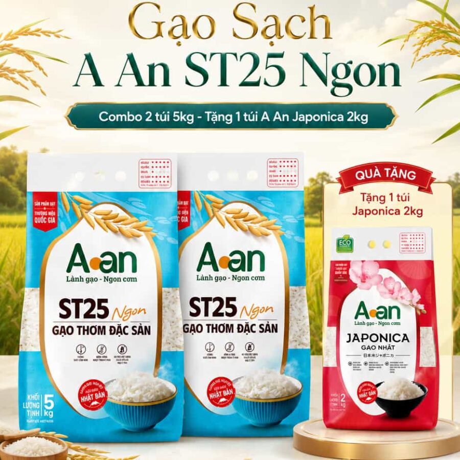 2 Túi Gạo Sạch A An ST25 Ngon 5kg tặng 1 Túi Gạo A An Japonica 2kg