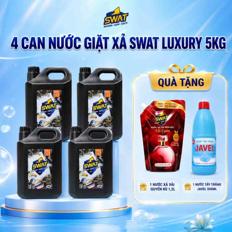 4 can nước giặt xả SWAT Luxury 5kg Tặng 1 nước xả vải quyến rũ 1,2L + 1 nước tẩy trắng Javel 500ml